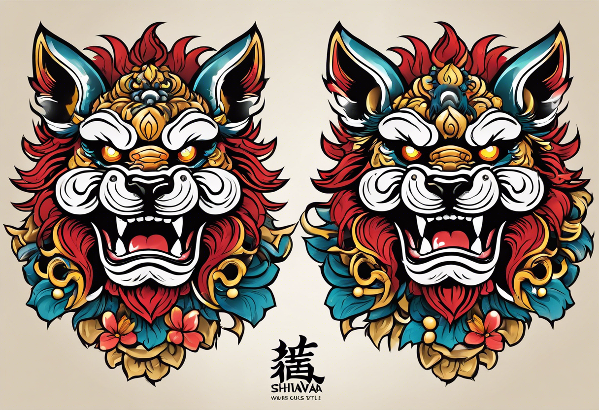 Okinawa style pair of shisa dogs, one with open mouth, one with closed mouth, chest/pecs, Yakuza style, old school tattoo idea