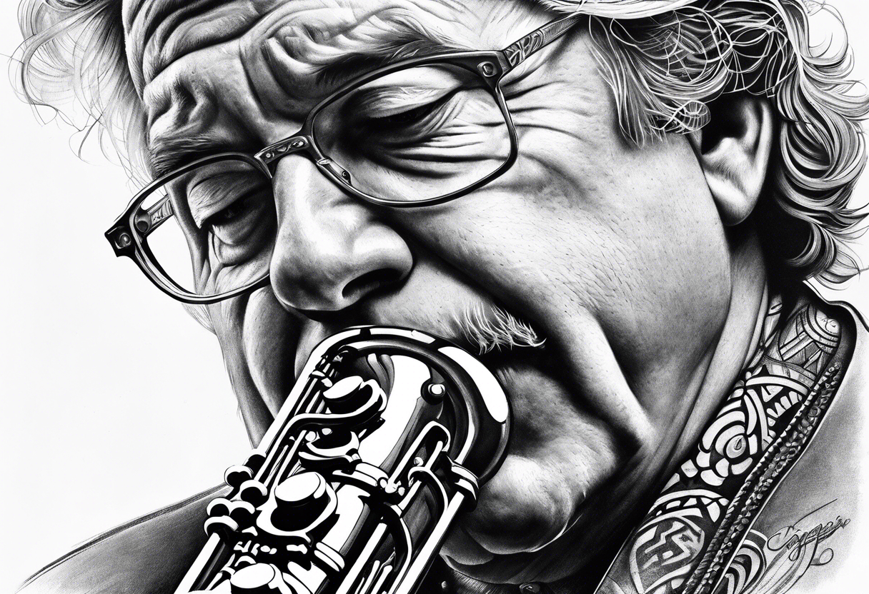 Gyula Csepregi is playing on his saxophone tattoo idea