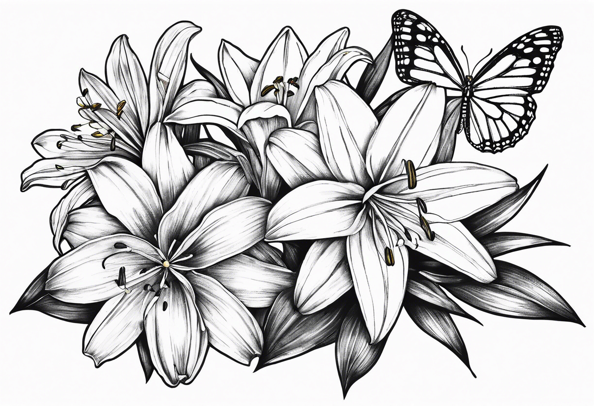 Fine line 
lily daisy and daffodil bouquet with butterfly 6-8 inches bi tattoo idea