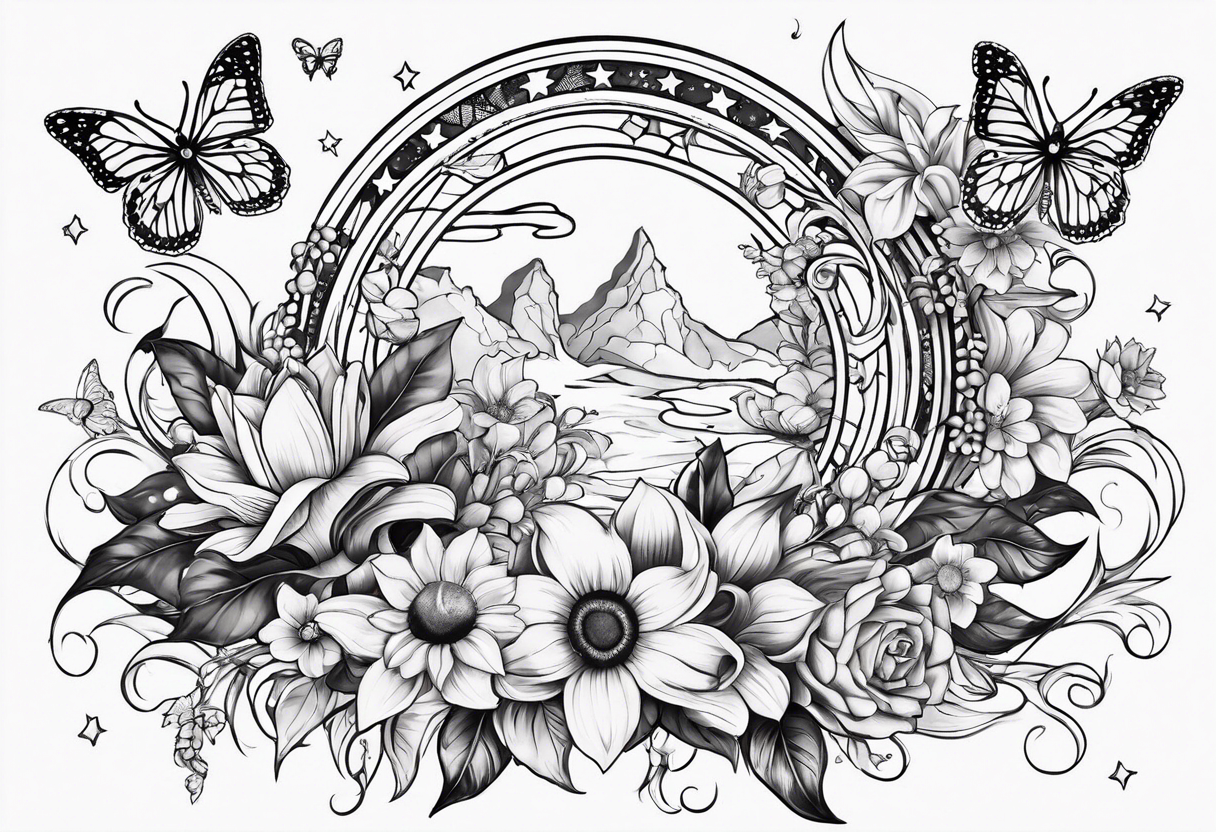 Forearm half sleeve with lilly sunflower flowers & small butterflies incorporating the children names with stars, books, fantasy & dragons themed tattoo idea