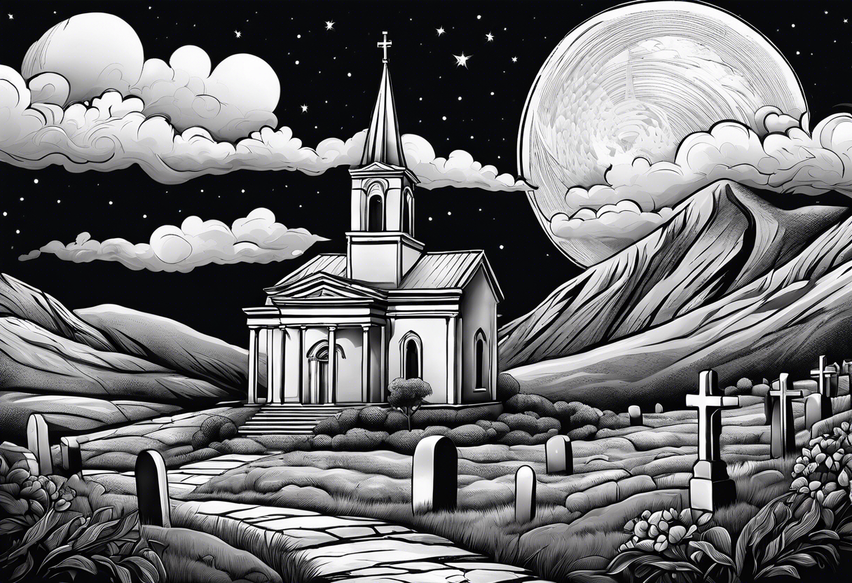 Graveyard with moon and greek church on hills with clouds tattoo idea