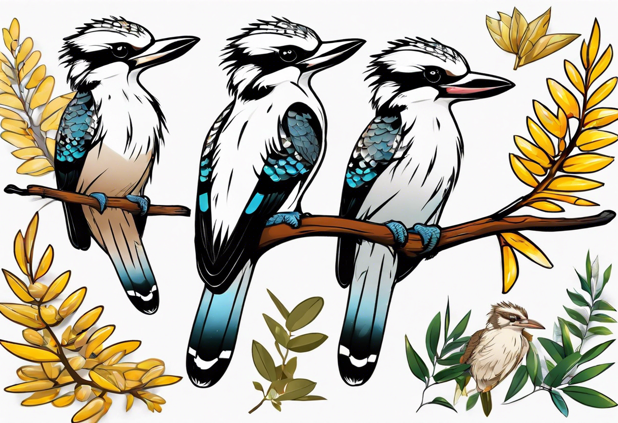 kookaburra sitting on wattle leaves tattoo idea