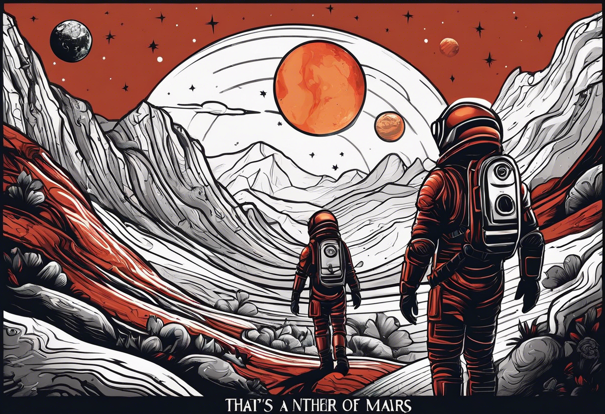 the planet mars with two stick figures holding hands on top of it, with the words "what's another night on mars, with friends like ours?" in a banner across tattoo idea