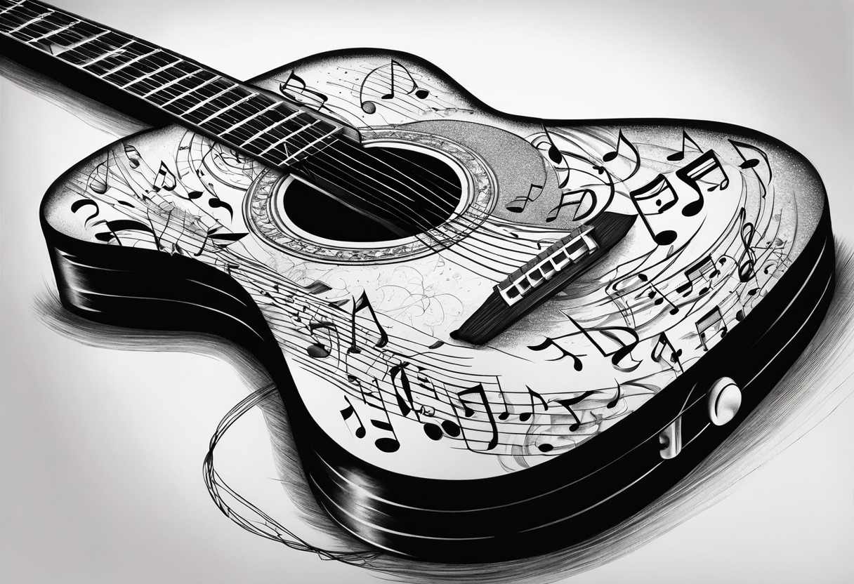 guitar with musical notes wrapped around it tattoo idea