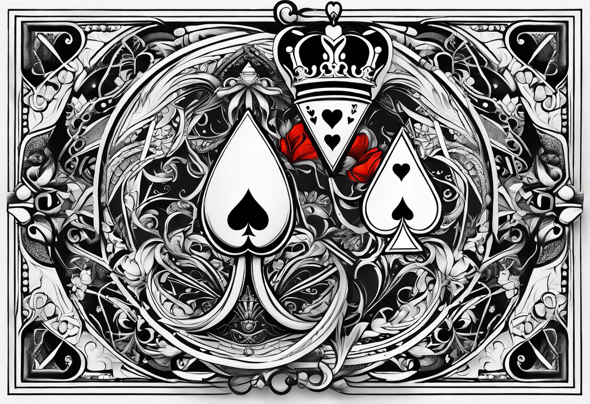 one playing card with both queen of hearts and king of spades incorporated in extreme minimalistic  style tattoo idea