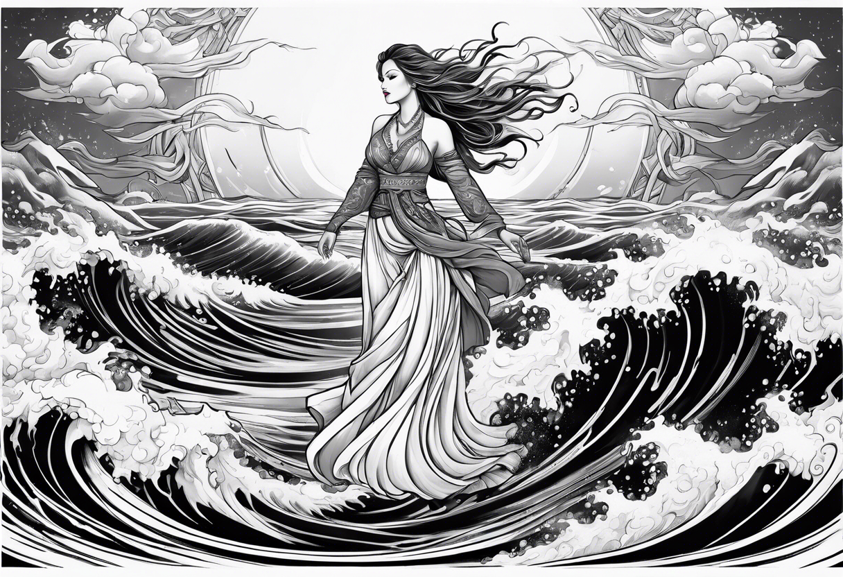 goddess, stormy sea, full length tattoo idea