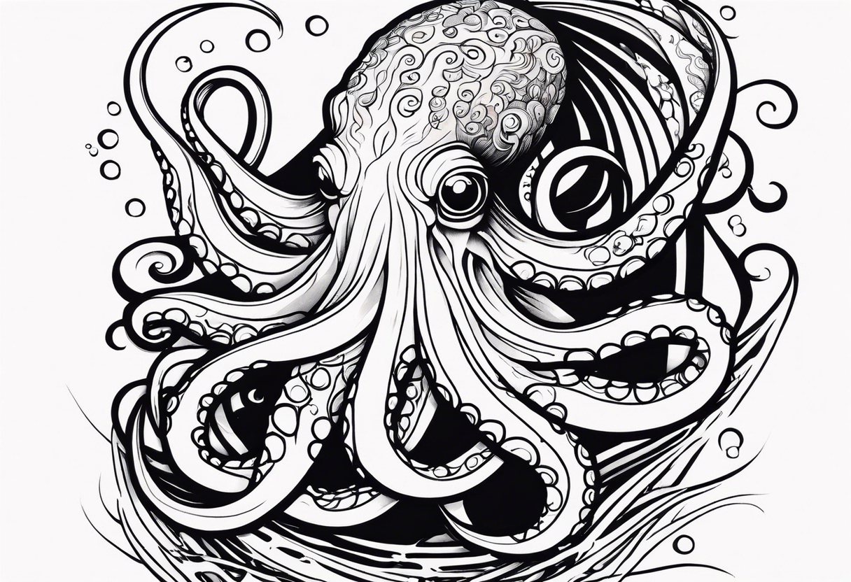 Tribal half sleeve. octopus surrounded by ribbons of water waves filled with fish. the octopus has no eyes. Use thick lines only with less detail. tattoo idea