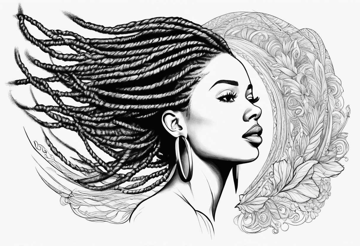 Draw a women head with real dread locks flying in the air, tattoo idea