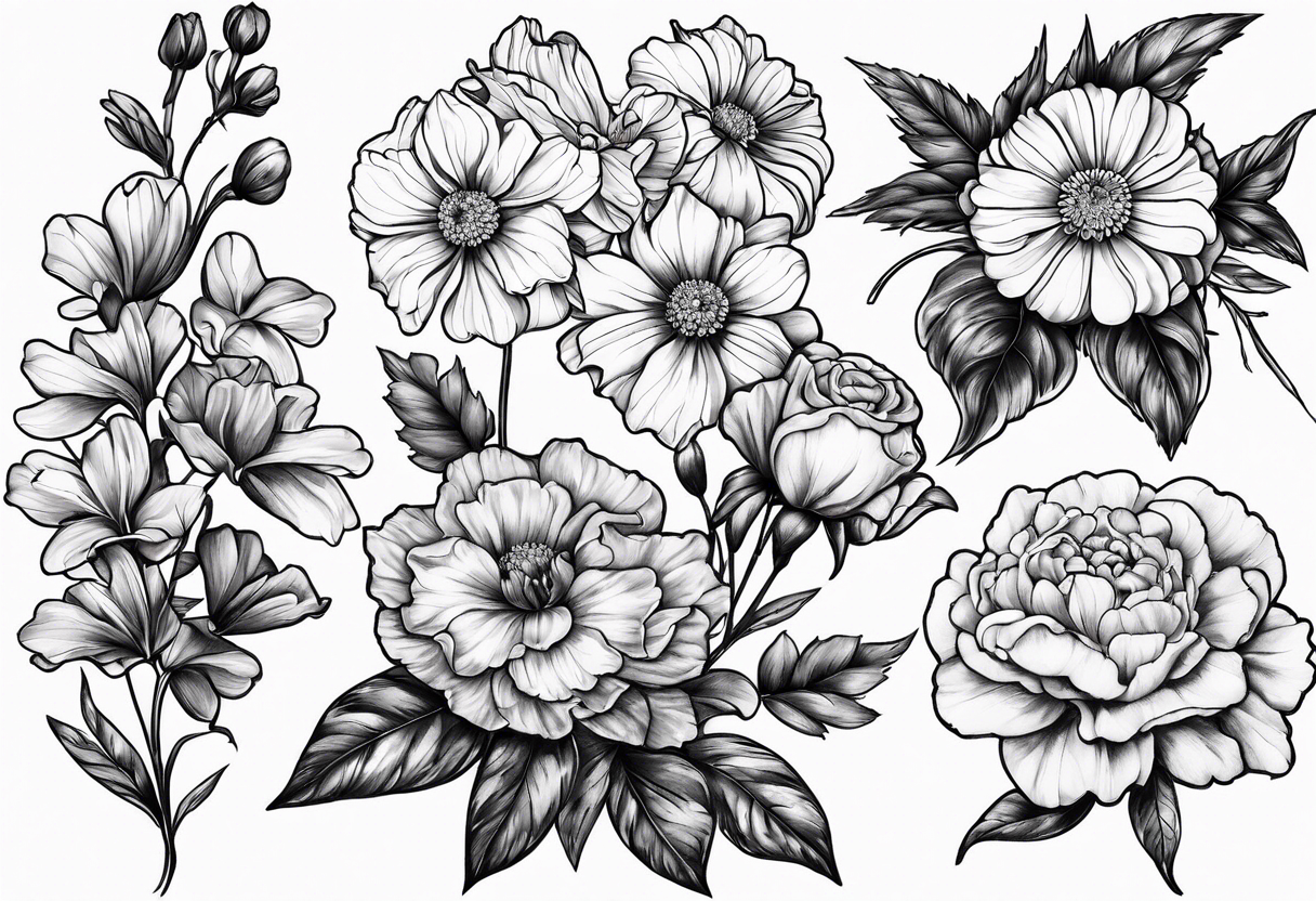 one larkspur, one carnation, one violet, one daisy and tied together with bow tattoo idea