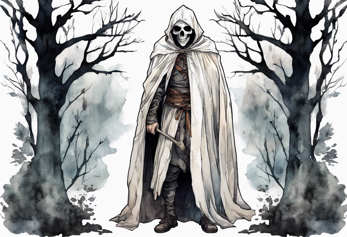 a medieval man in a white cloak wearing skull for a mask standing alone in a gloomy barren forest tattoo idea