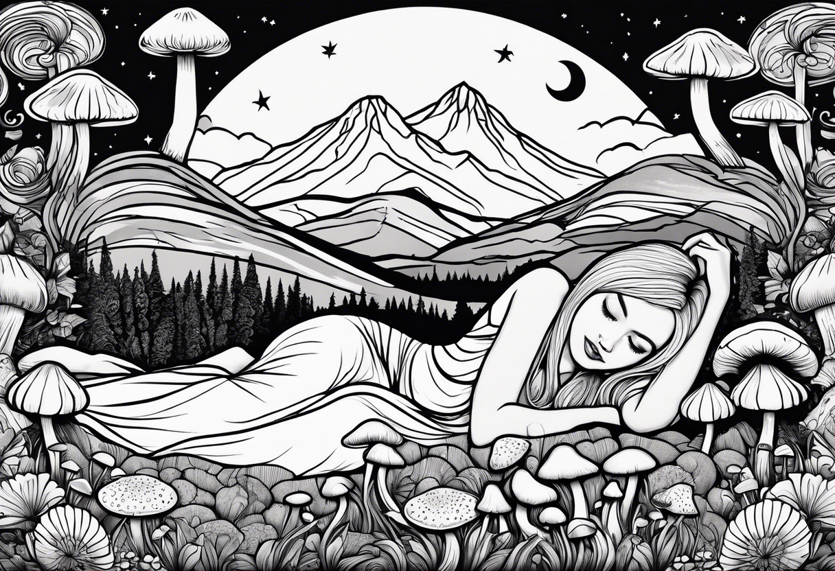 Straight blonde hair girl in black and white striped dress sleeping backward facing
in a field of mushrooms with mountains s
and crescent moon mandala background tattoo idea