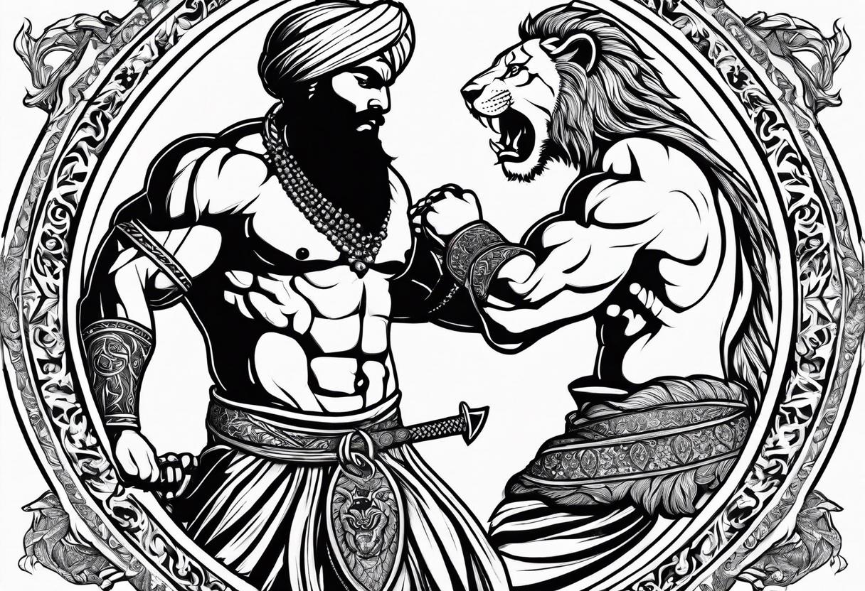 Sikh warrior fighting a lion with full anger tattoo idea