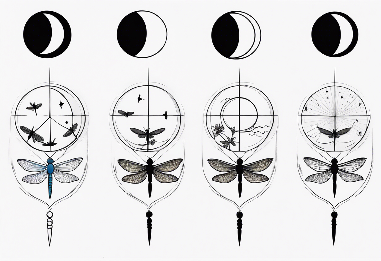 Moon phases with small dragonfly vertical tattoo idea