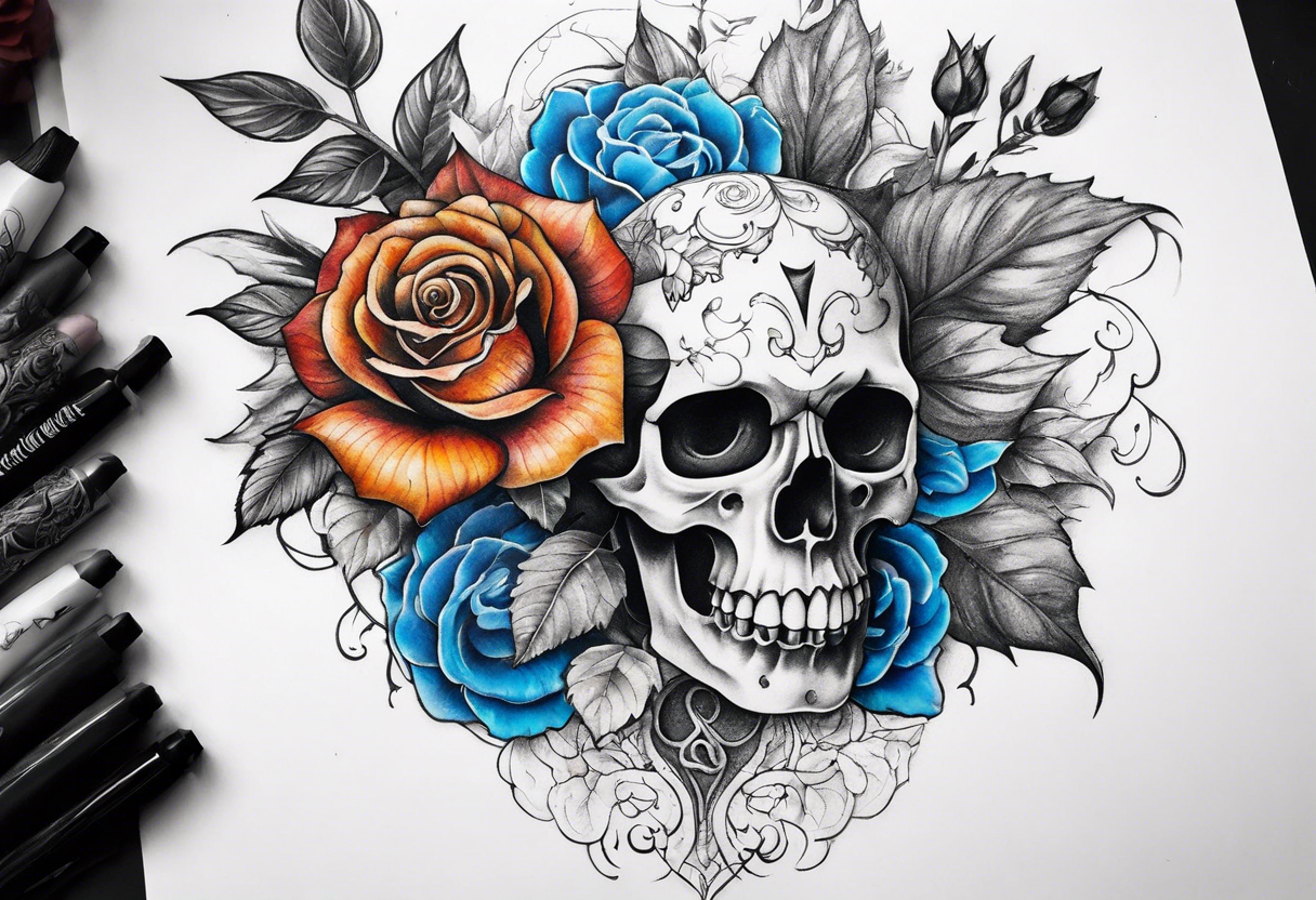 Front knee tattoo with fall colors, small flowers, rose, devil skull, leaves, blue water flows with washes and background tattoo idea