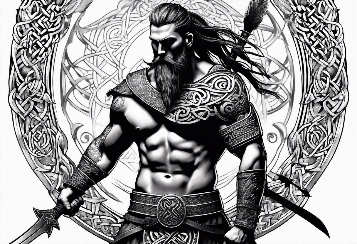 Side profile, full body of Celtic warrior with weapons unsheathed tattoo idea