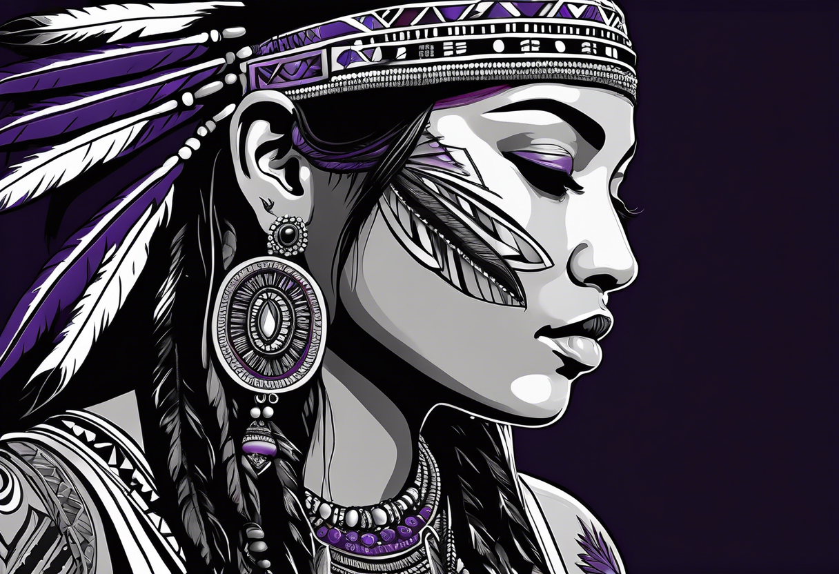 native american woman wearing bead headband with magical purple buffalo tattoo idea