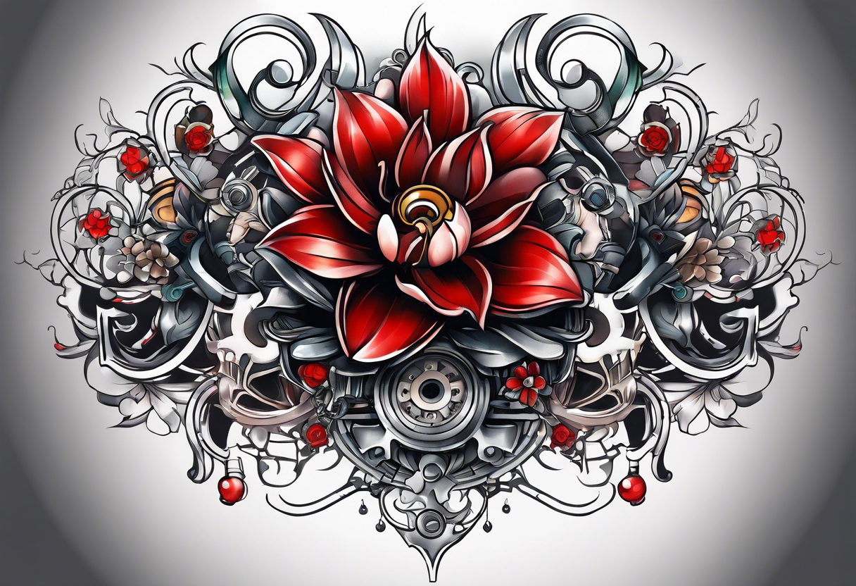 Mechanical flowers with red accents tattoo idea