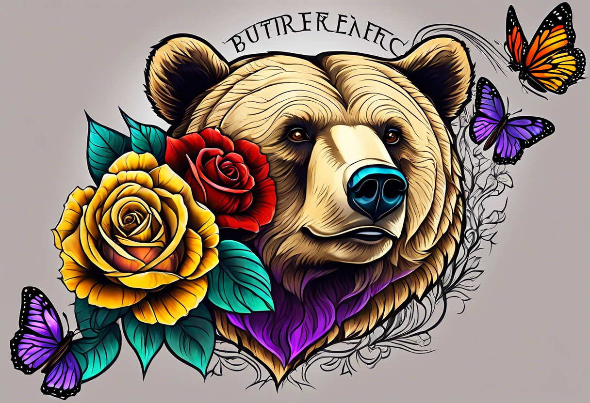 Bear under the tree of life with yellow, purple, and red colored roses and three butterflies for an upper arm tattoo. tattoo idea