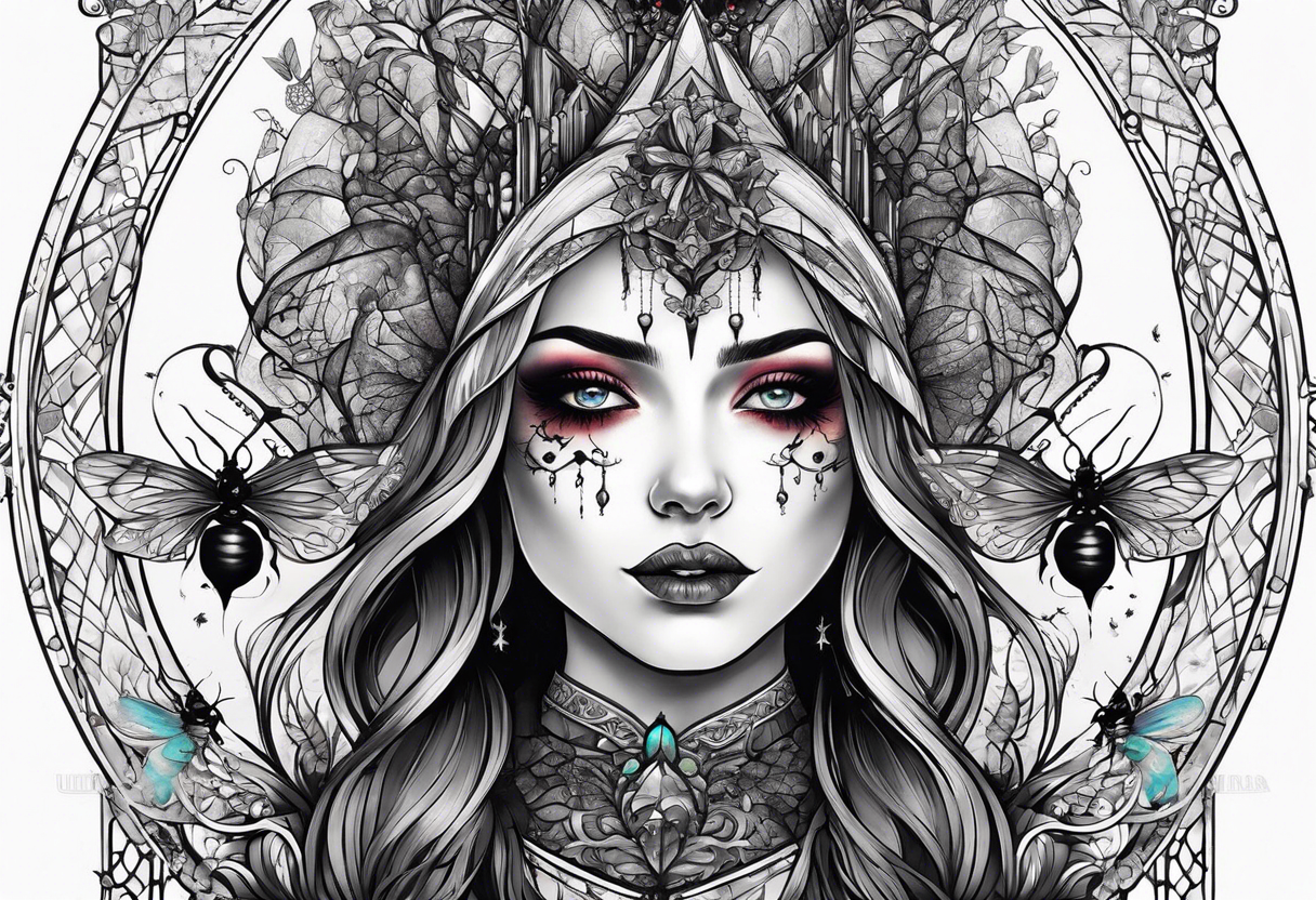 Gothic cathedral with beauty girl face with horror eyes and insects tattoo idea