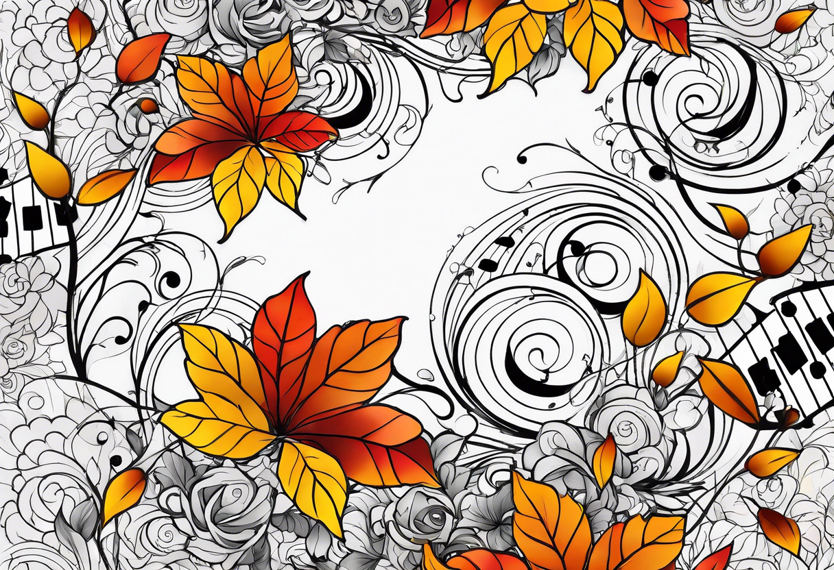 arm sleeve with fall colors, flowers, water, leaves and various shapes, music staff tattoo idea