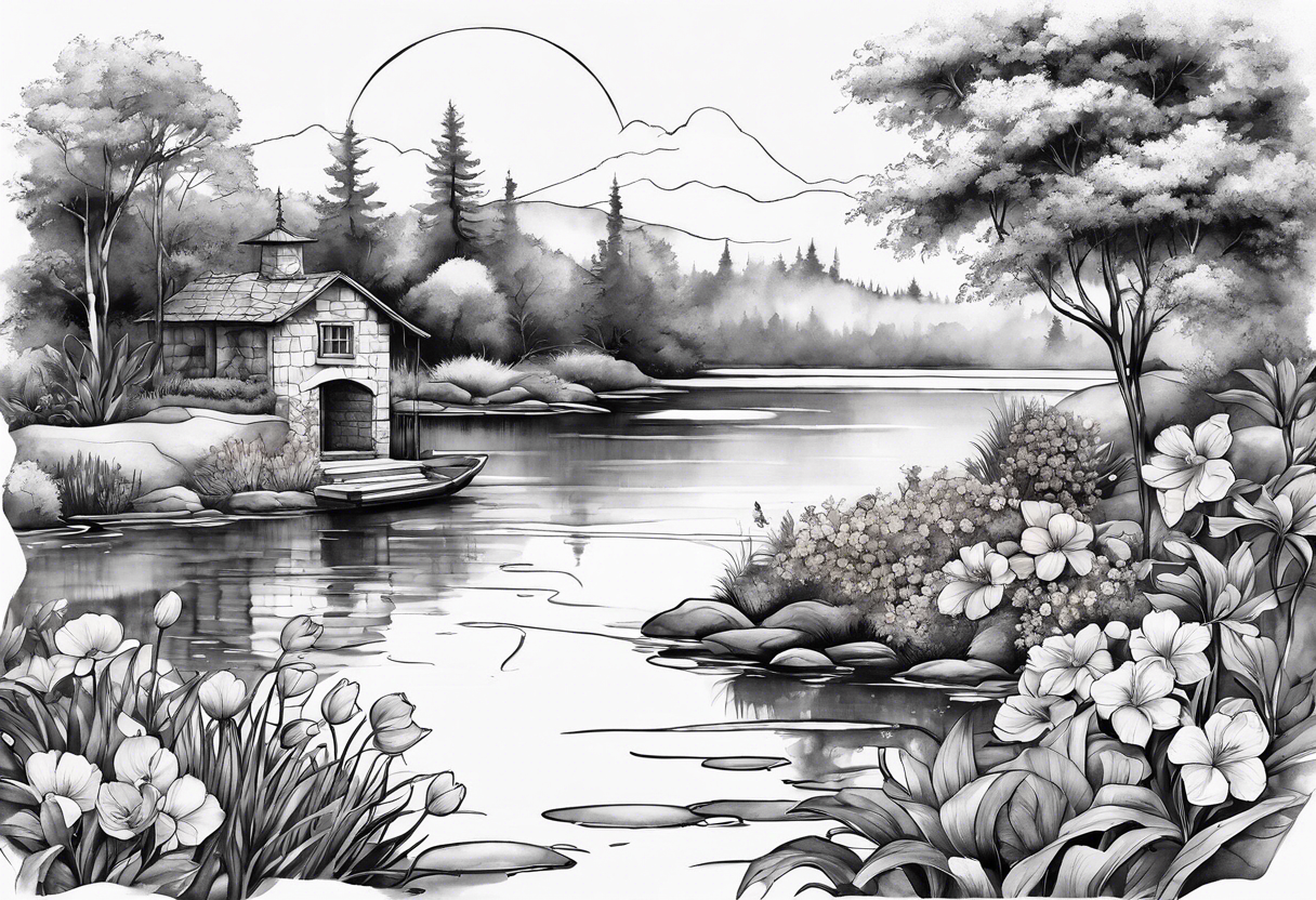 Hidden garden, flowers, lake tattoo idea