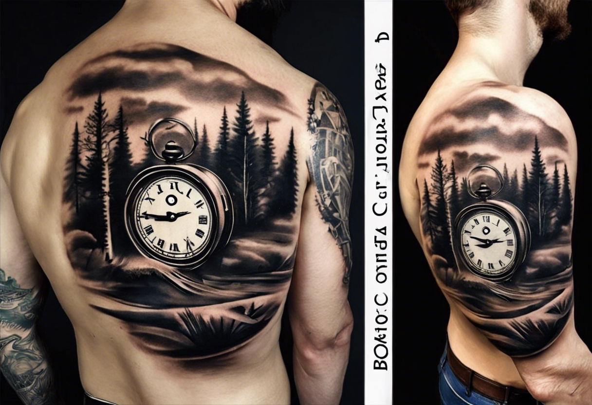 Le tattoo doit intégrer, un paysage montagneux et forêt, une horloge à 21h44.
Il faut aussi une pellicule de cinéma déroulée. Un vieux chapeau de l'armée italienne. avec une main de poker gagnante tattoo idea