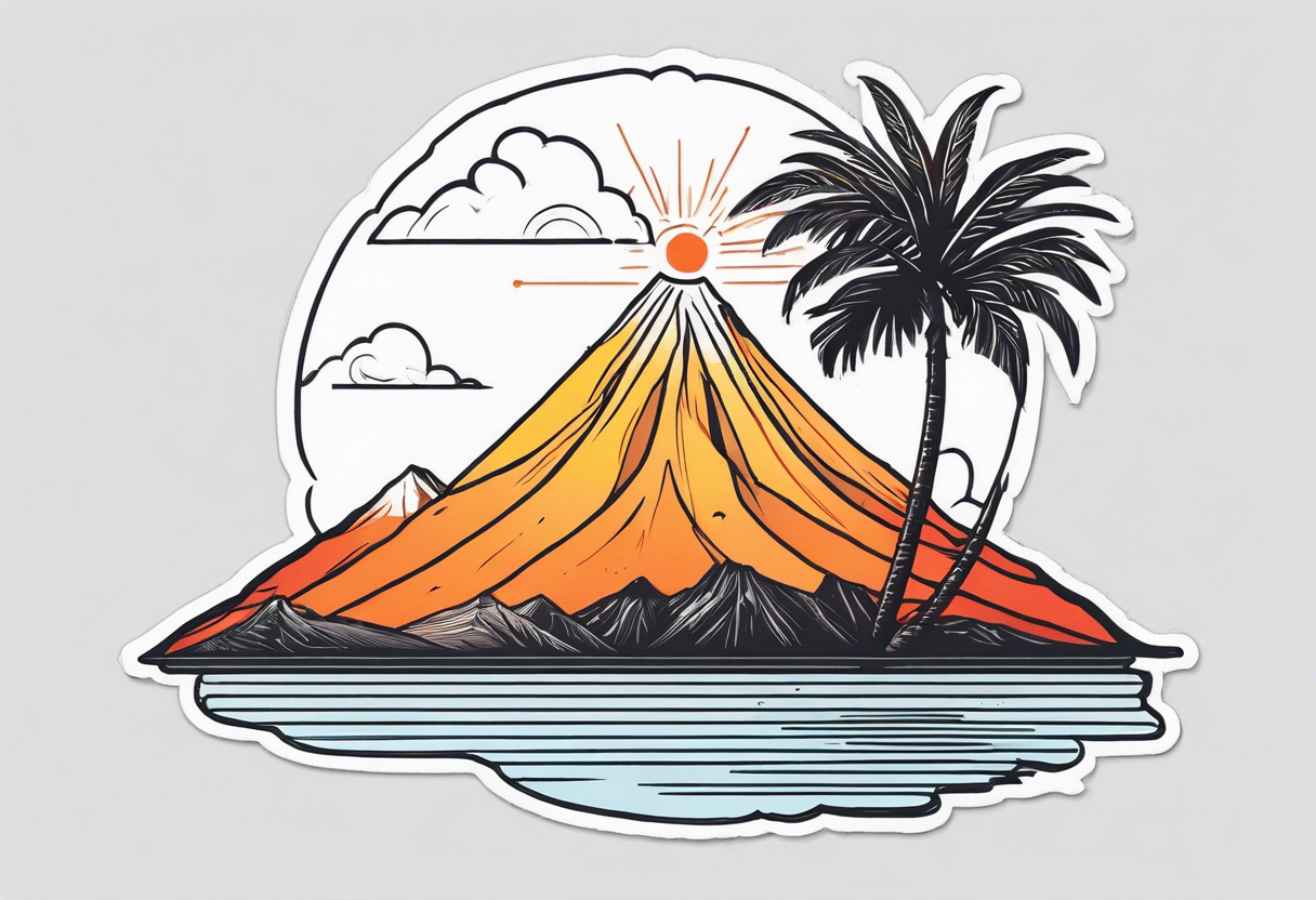 Fine line style. Thin and tall palmtree with a minimalist volcano in the back tattoo idea