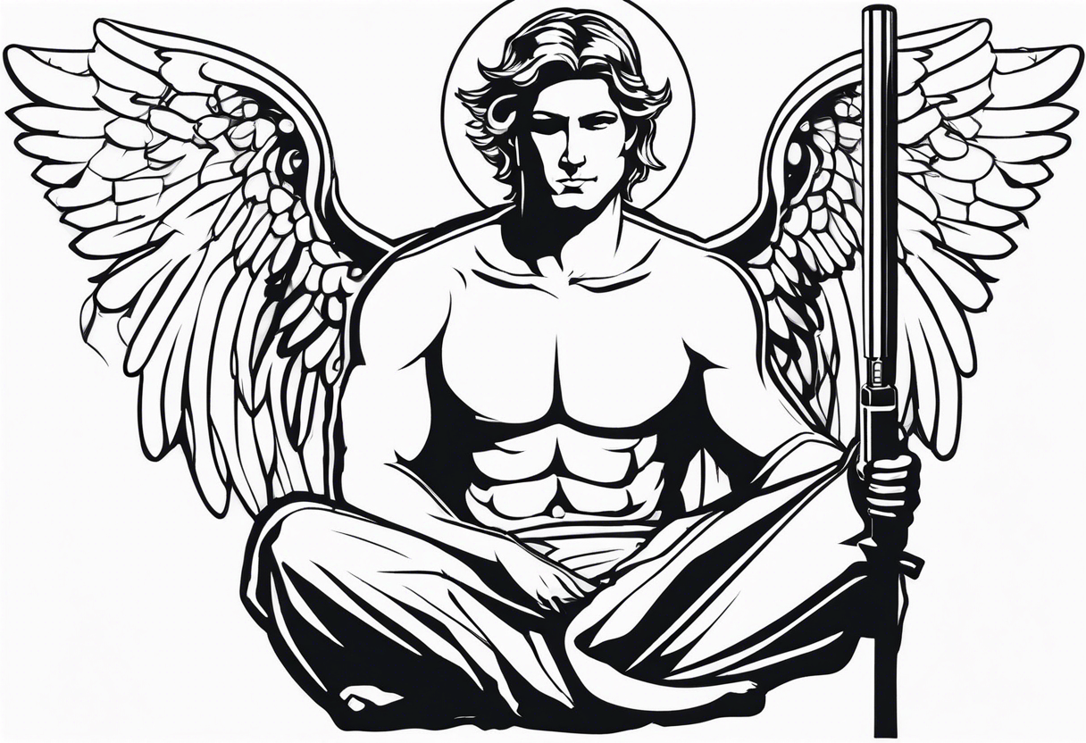 male angel with a halo sitting peacefully holding a modern fishing rod tattoo idea