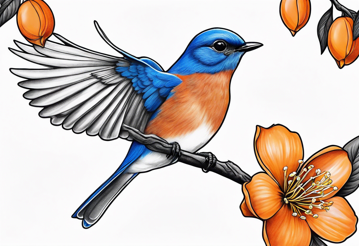 realistic bluebird flying off of branch with orange blossoms tattoo idea