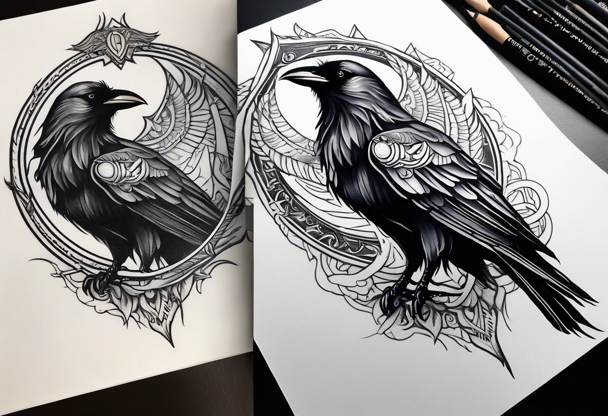 Symbol for Odin down the spine with a raven or two on the upper back or shoulder blades. Realistic or neo traditional style. Soft black and greys with natural skin showing though the art tattoo idea