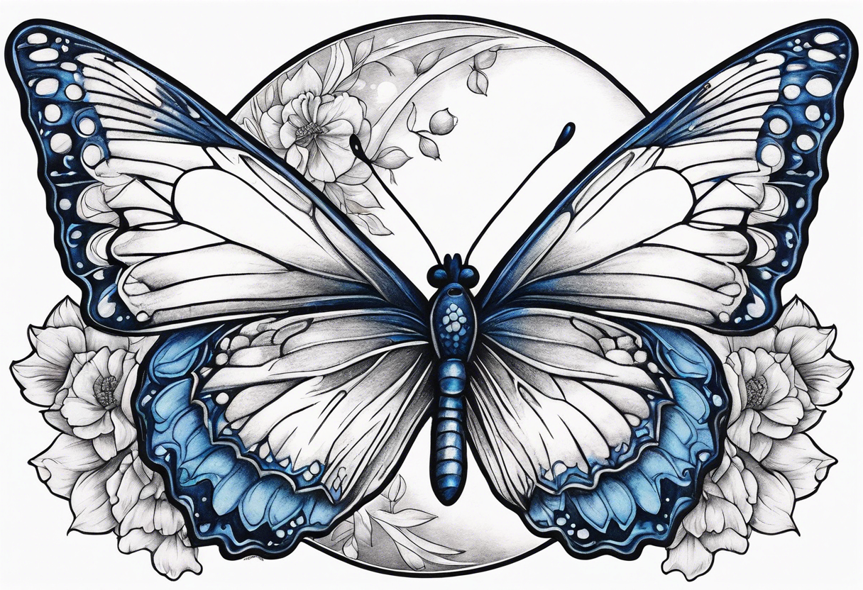 Blue butterfly moon carnation tattoo idea