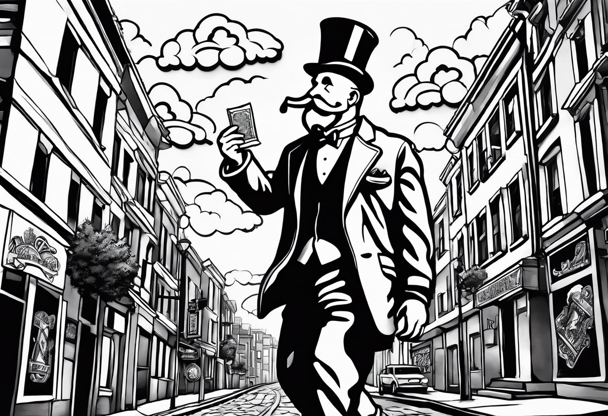 Monopoly man walking down a urban street with scattered xzanax bars and clouds with praying hands used for fillers tattoo idea