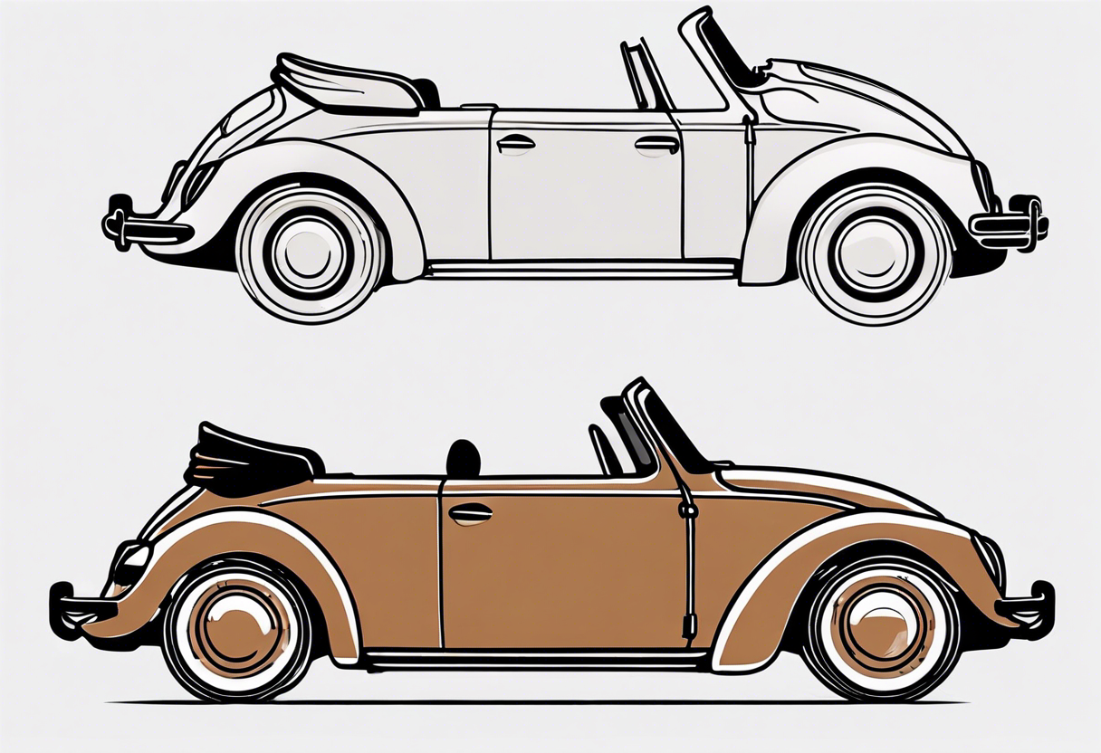 VW beetle convertible, side profile, top-down, modern, linework, minimal, no shadow, no solid shading, brown lines tattoo idea