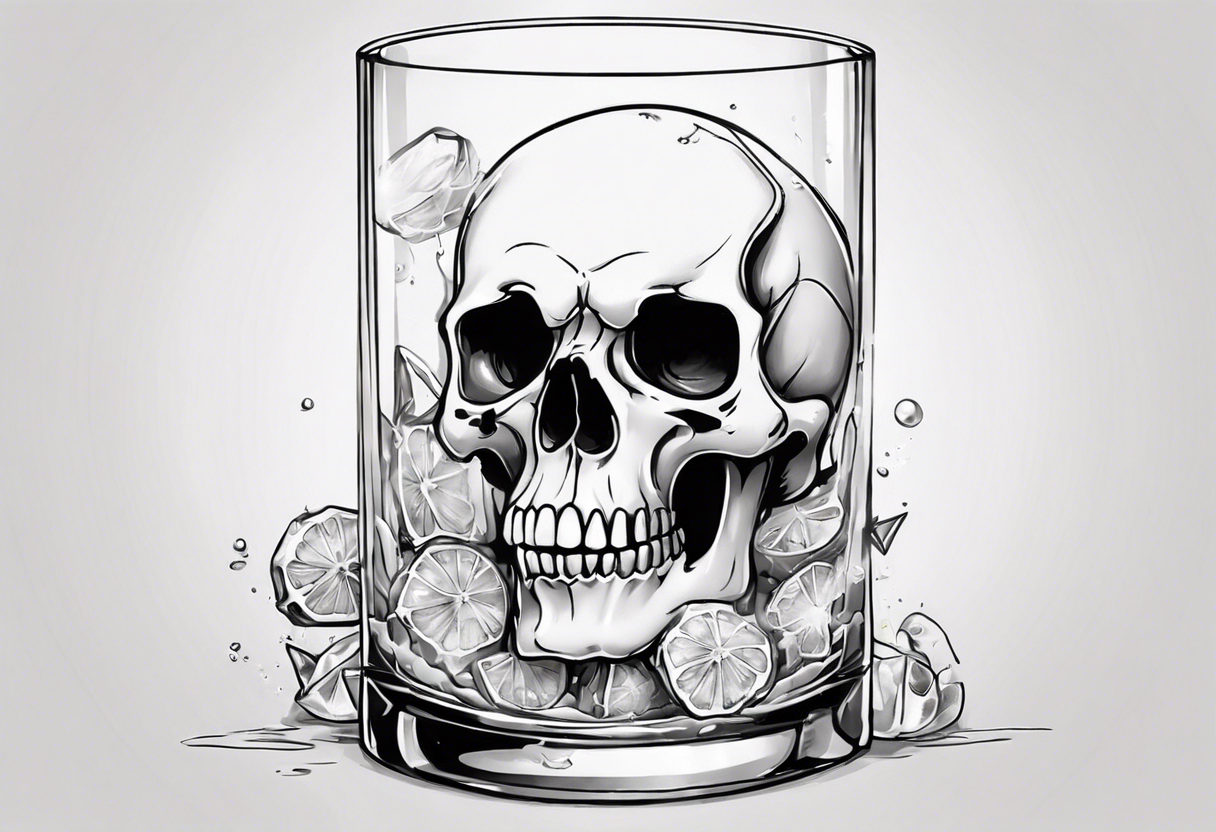 A happy, looking to the left scull, inside the glass with ice and piece of lime tattoo idea