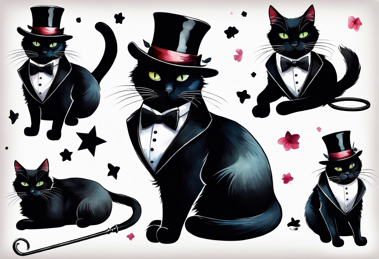 Black cat in a tuxedo, wearing a top hat and holding a cane tattoo idea