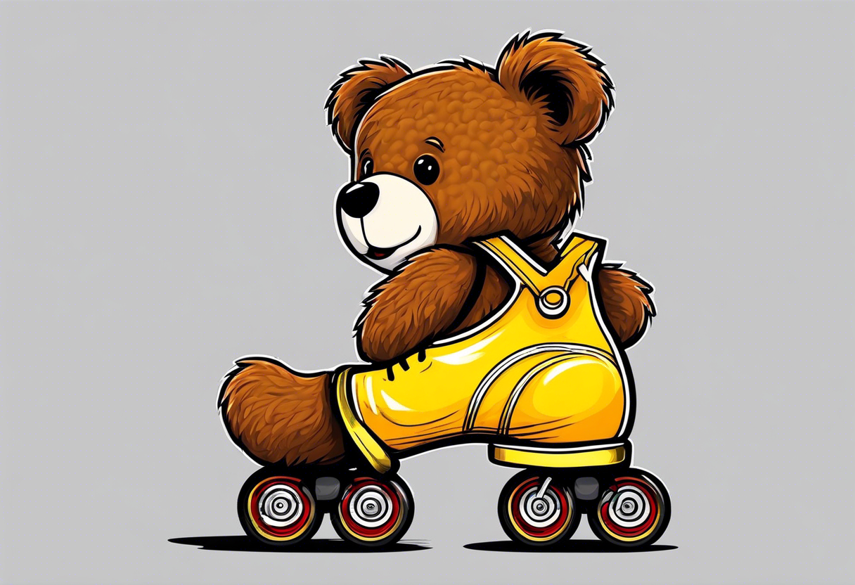 the back of one standing, skinny, brown ,
teddy bear in long, yellow overalls and white roller skates with red stripes on his feet tattoo idea