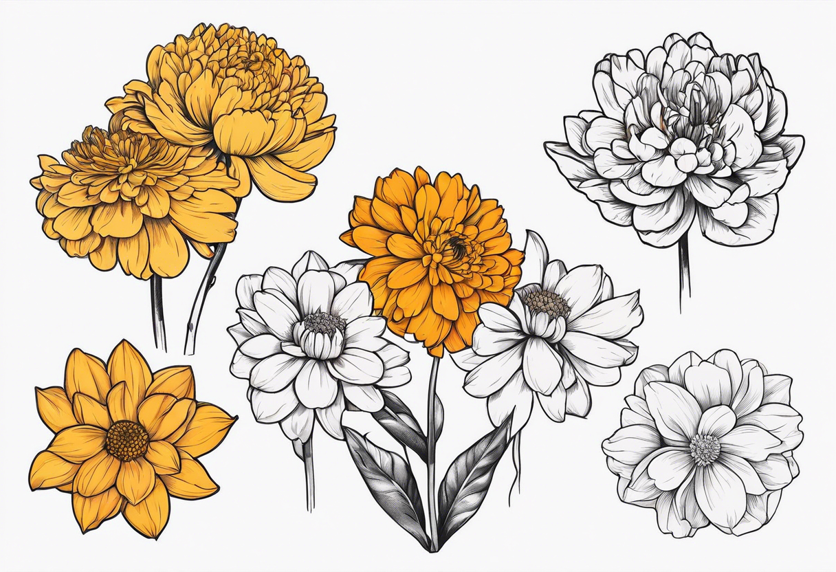 One stemless marigold, chrysanthemum, and 
narcissus side by side tattoo idea