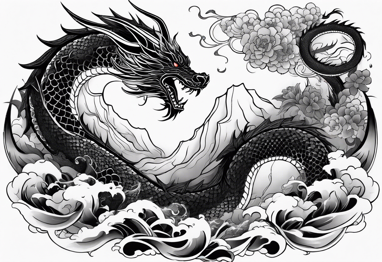 blackwork negative space dragon sleeve tattoo idea