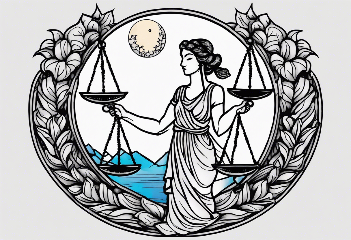 Themis holding the scales of justice while blindfolded with a moon in the background in color tattoo idea