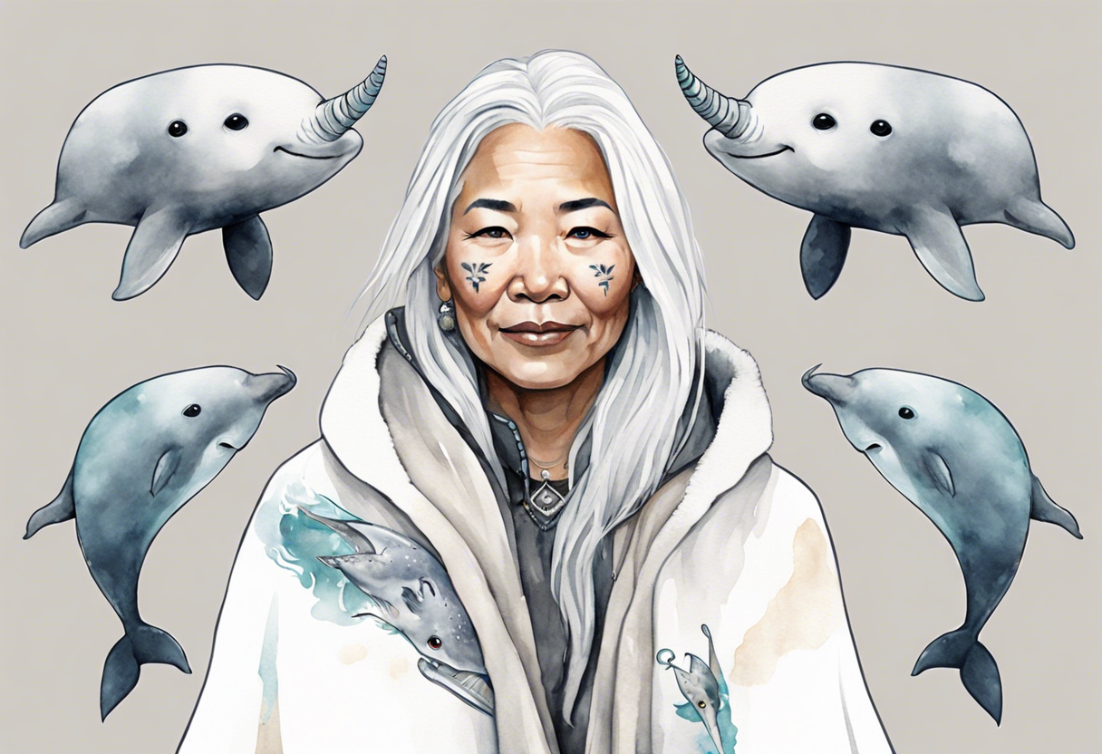 a 45-year-old Inuit woman with white  hair wearing a white and grey cloak with a large narwhal tattoo idea