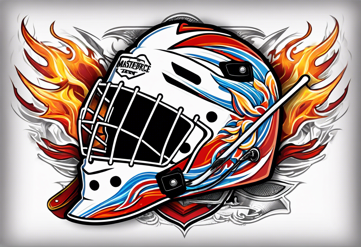 puck hitting a goalie mask with crossed hockey sticks in the background and flames that says "SHOT HOCKEY" tattoo idea