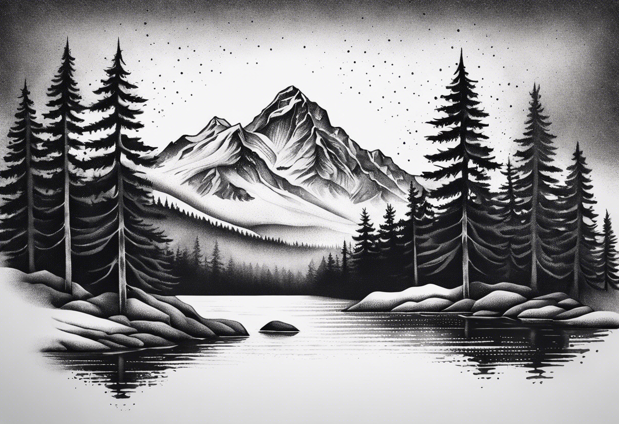 A snow capped mountain with pine trees and a river that becomes a beach tattoo idea