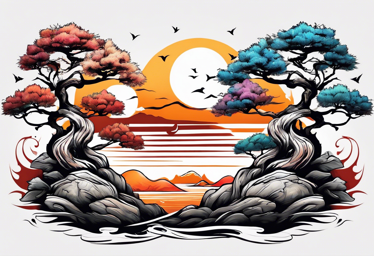 Sunset and little down bonsai trees tattoo idea