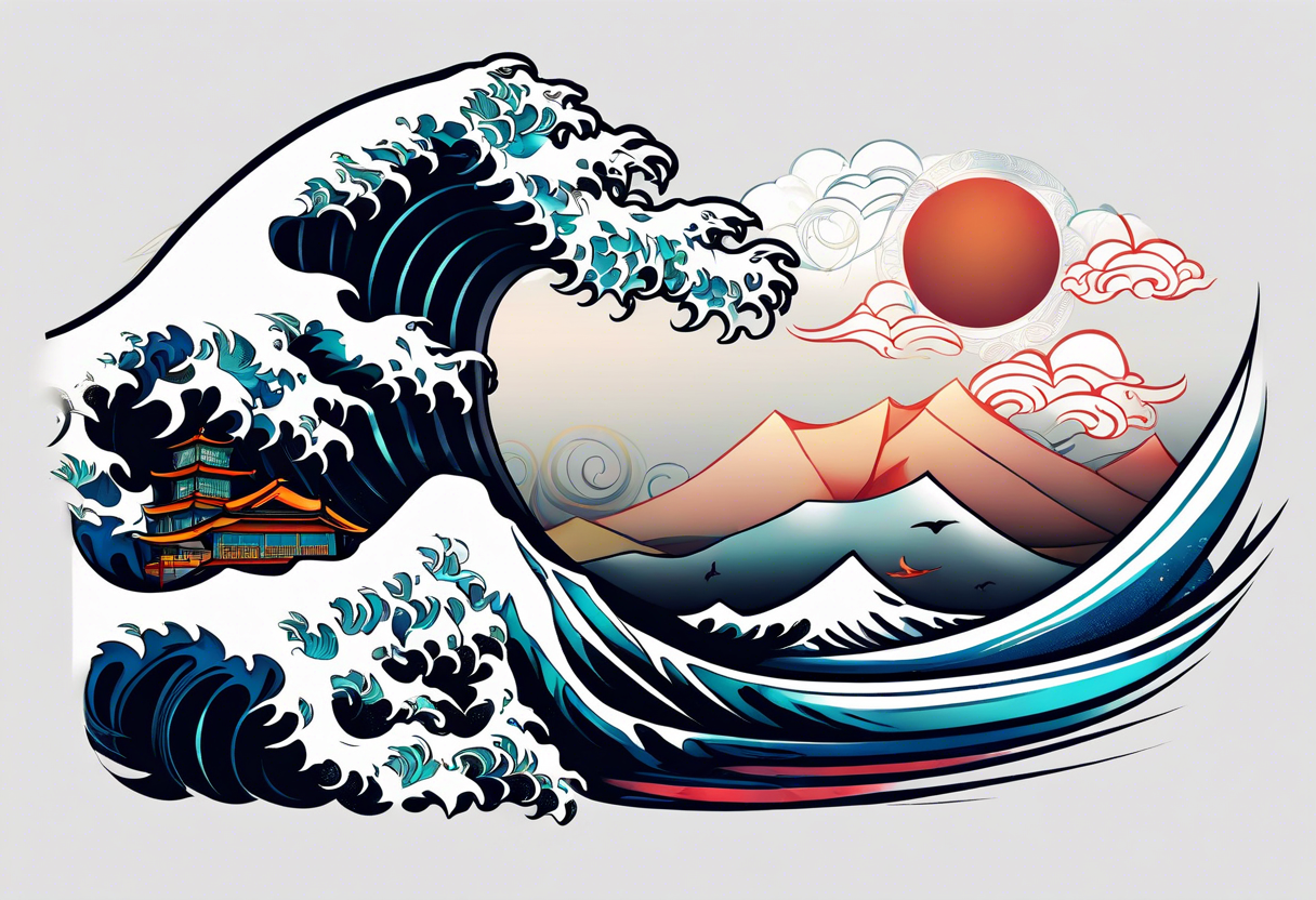 japanese wave mixed in celtic patterns equally. surfer. kamikaze plane tattoo idea