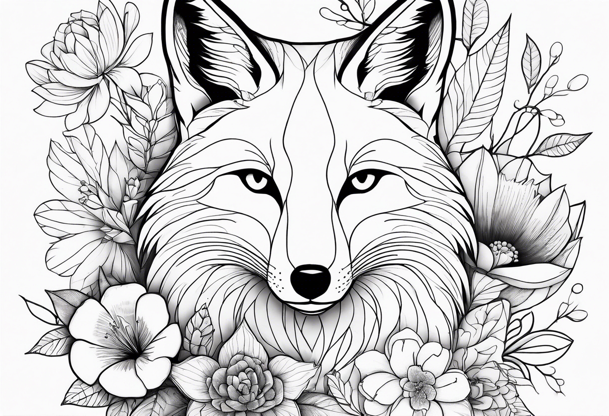 feminin minimalist flowers with fox full body thin line tattoo idea