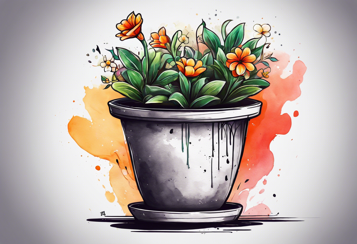 a flowerpot with a small flower coming out of it, just about to bloom. i would like the text, "a flower's gonna bloom real soon" around it tattoo idea