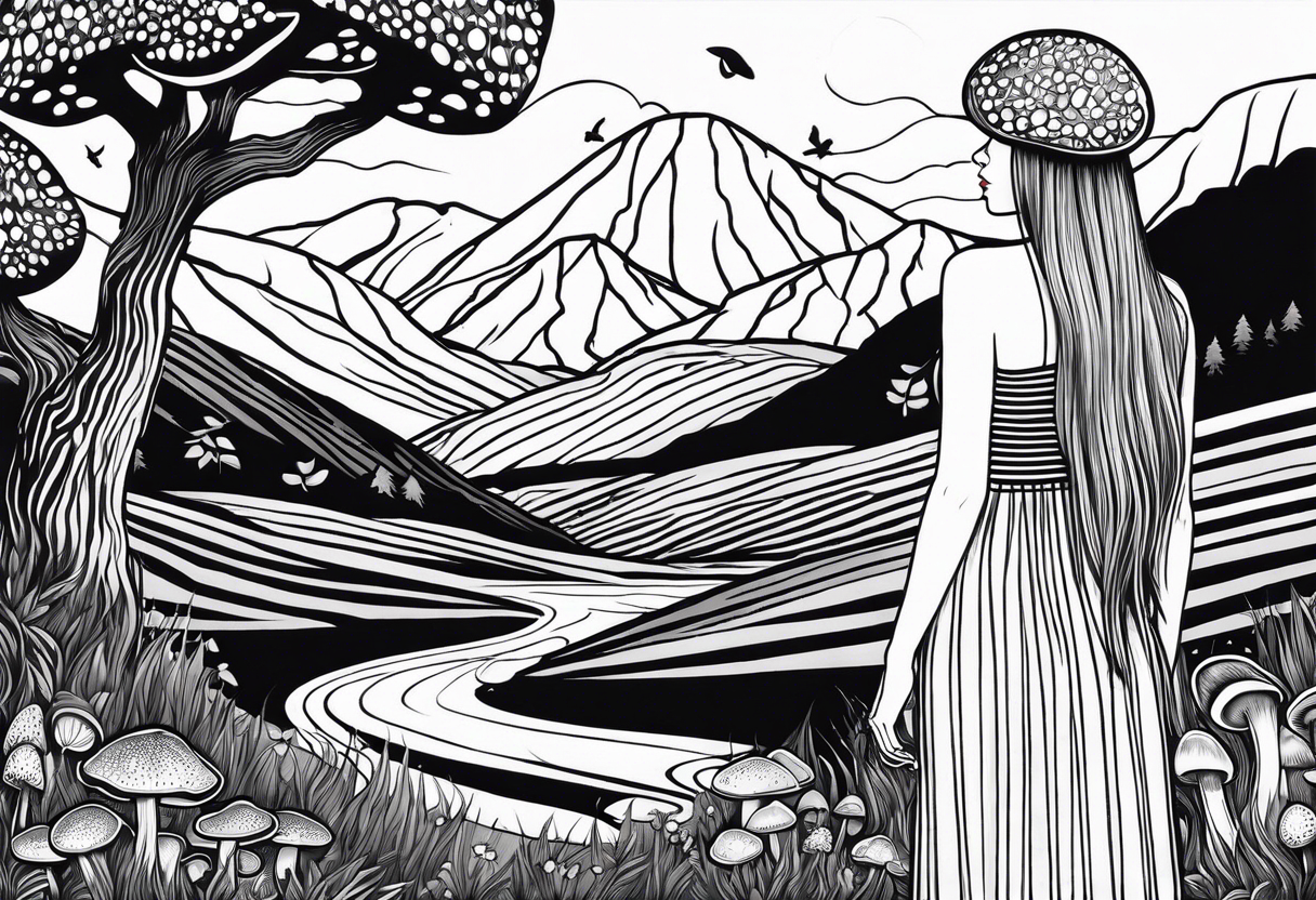 Straight long blonde hair girl standing in right corner in distance holding mushrooms in hand facing away toward mountains and creek surrounded by mushrooms black and white striped dress tattoo idea