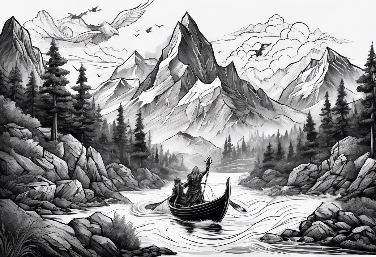 Mountains with Thor and his boat pulled by goats flying over them tattoo idea