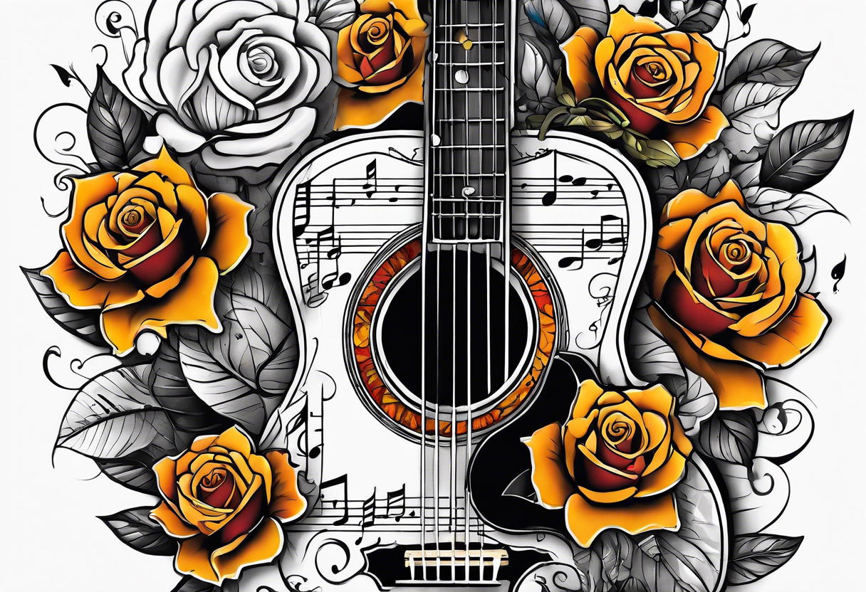 thigh tattoo with fall colors, music notation, flowers, roses and a guitar tattoo idea