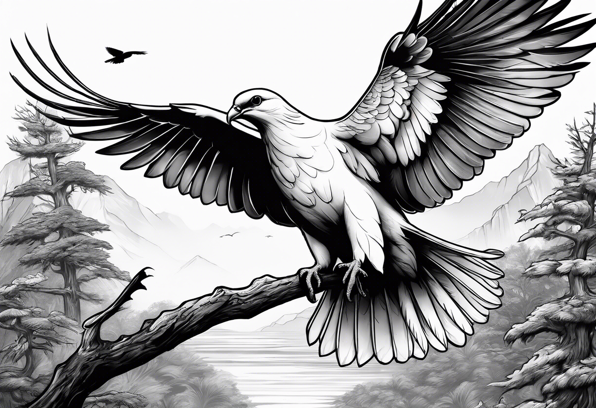 Dove sitting on a branch in the distance with an eagle approaching tattoo idea